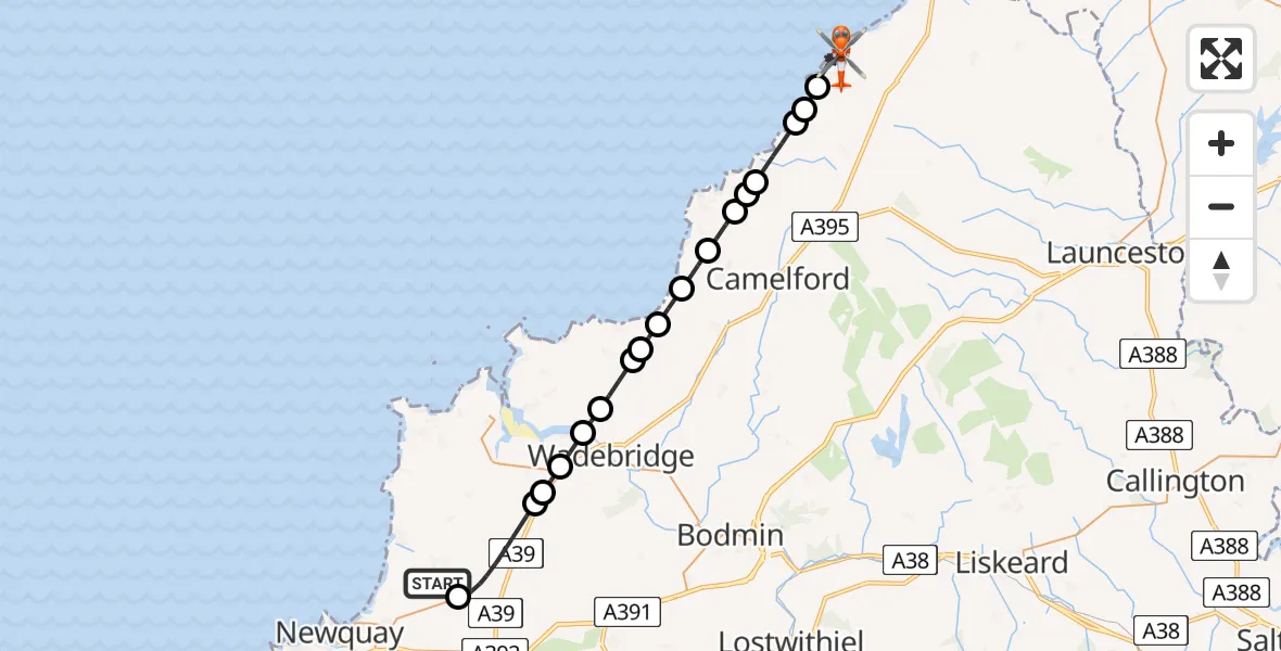 Flight path map showing Coastguard Helicopter route from Cornwall Airport Newquay to Crackington Haven