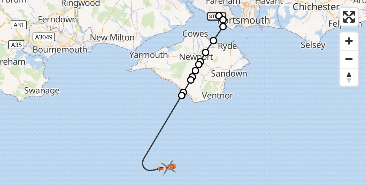 Flight path map showing Coastguard Helicopter route from Solent Airport to English Channel
