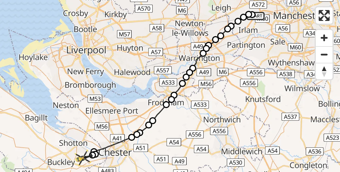 Flight path map showing Police Helicopter route from Worsley to Broughton and Bretton