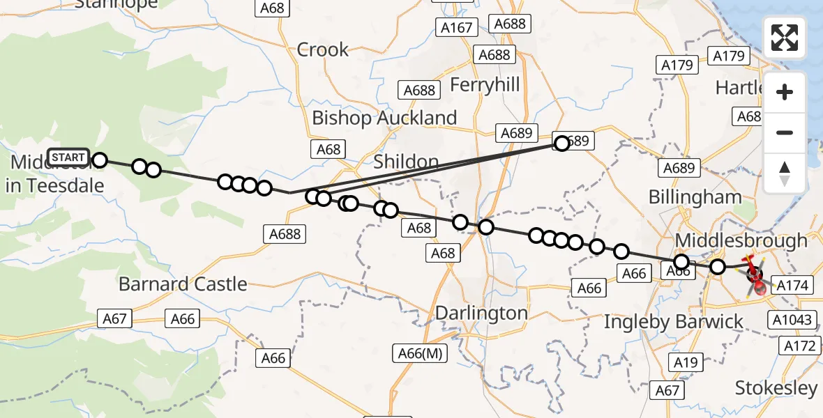 Flight path map showing Air Ambulance Helicopter route from Middleton in Teesdale to James Cook University Hospital