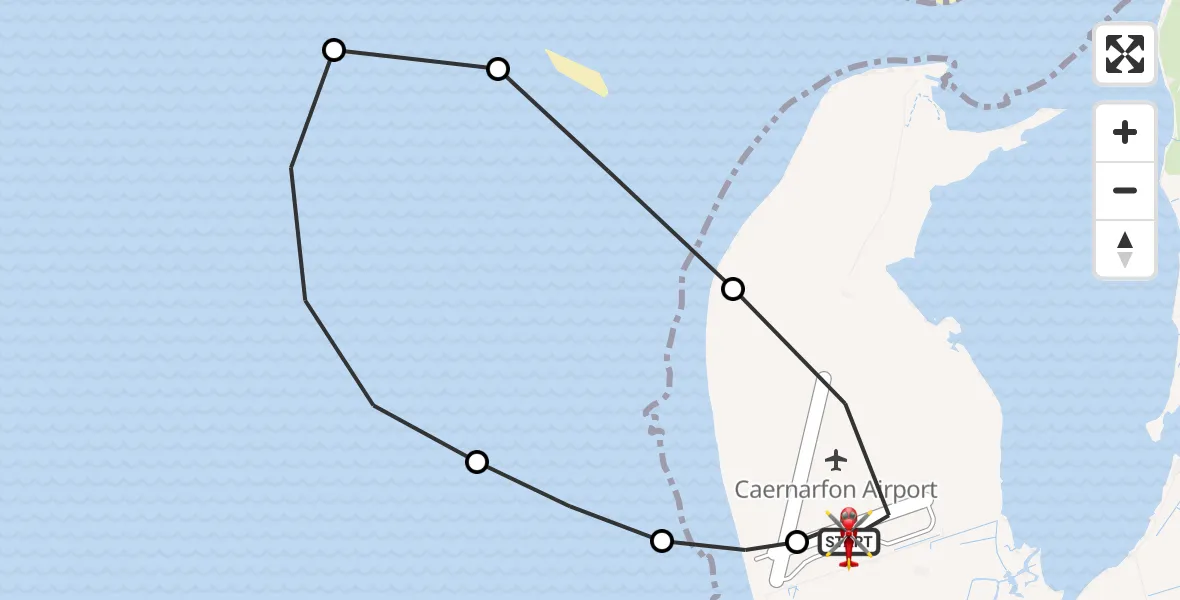 Flight path map showing Air Ambulance Helicopter route from Caernarfon Airport to Caernarfon Airport