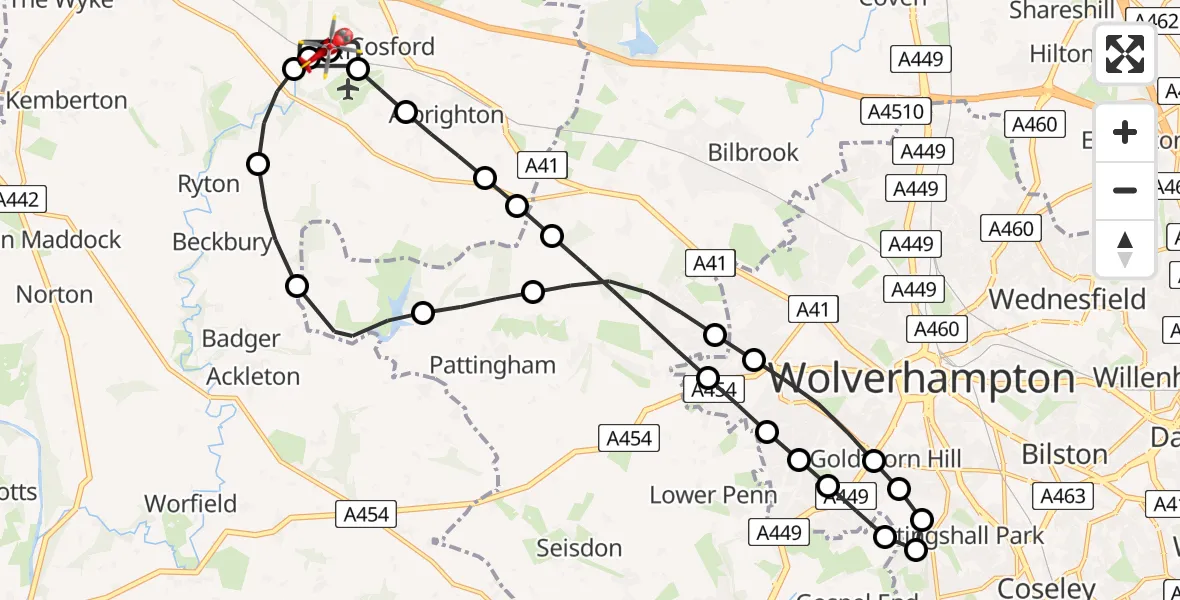Flight path map showing Air Ambulance Helicopter route from RAF Cosford to Cosford