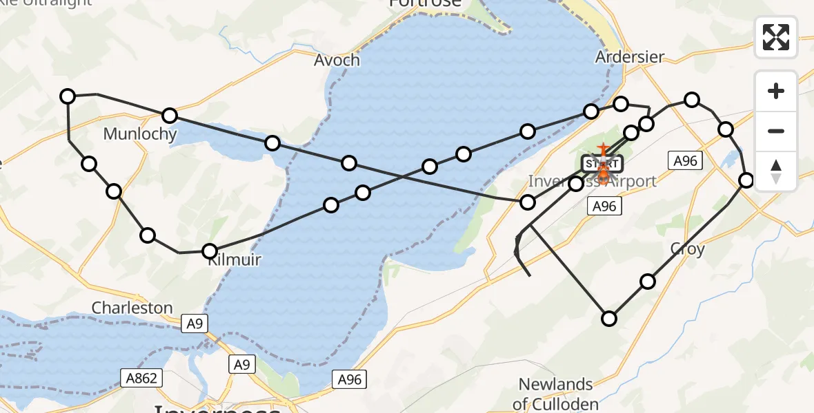 Flight path map showing Coastguard Helicopter route from Inverness Airport to Inverness Airport