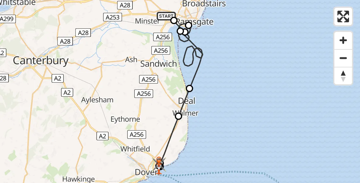 Flight path map showing Coastguard Helicopter route from Manston Airport to Langdon Battery Heliport
