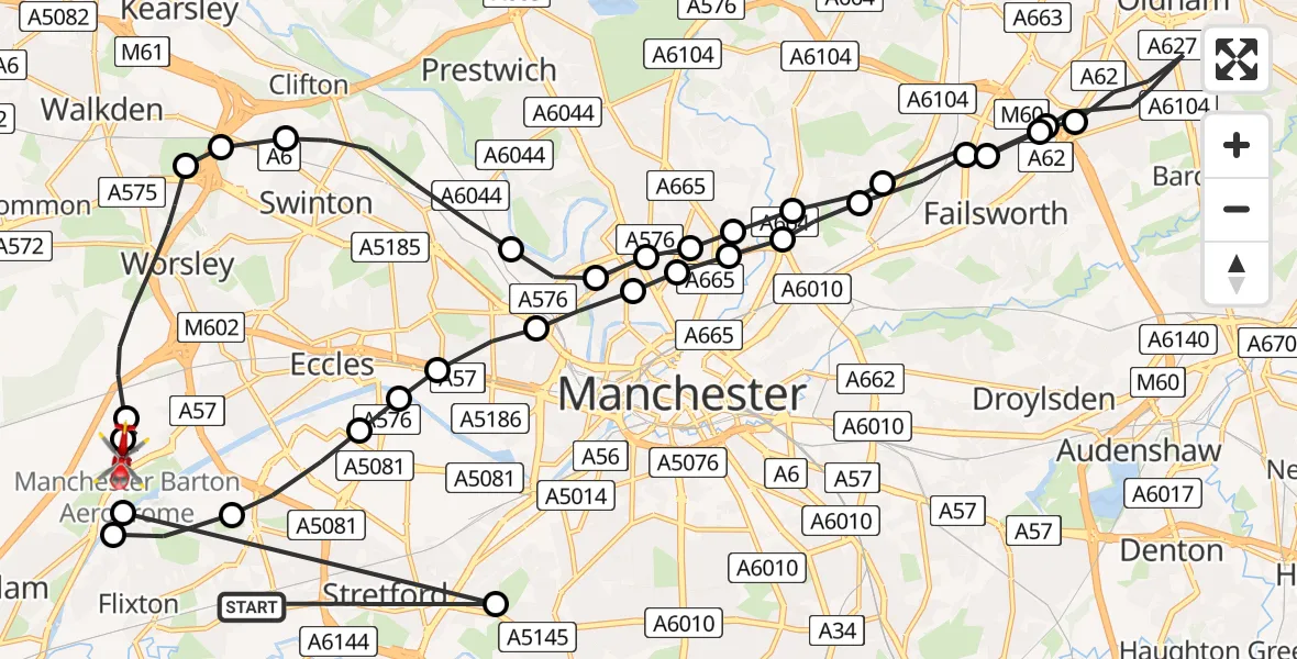 Flight path map showing Air Ambulance Helicopter route from Urmston to Manchester Barton Aerodrome