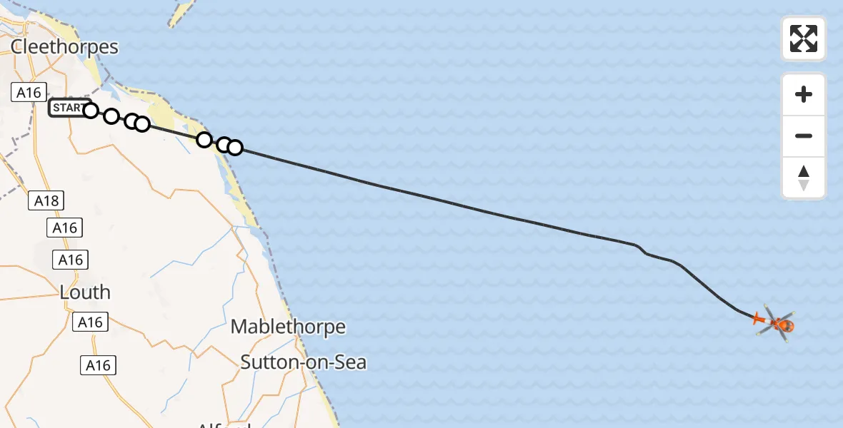 Flight path map showing Coastguard Helicopter route from Tetney to North Sea