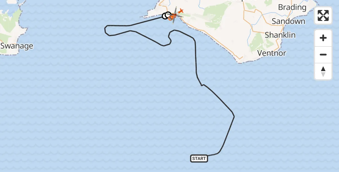 Flight path map showing Coastguard Helicopter route from English Channel to Freshwater Bay