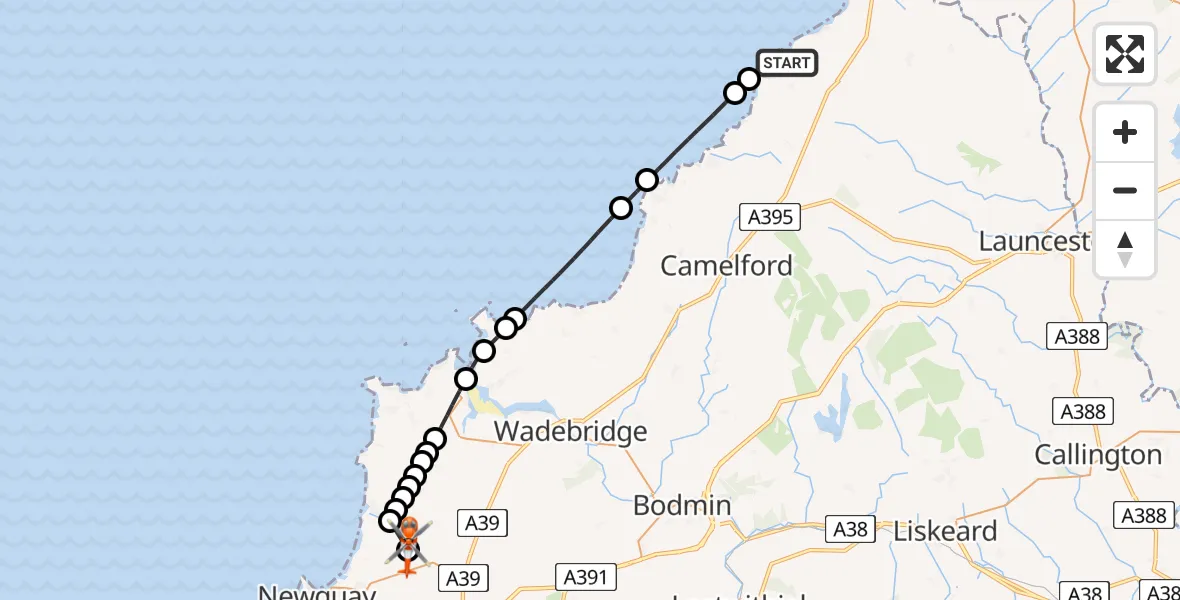 Flight path map showing Coastguard Helicopter route from Crackington Haven to Cornwall Airport Newquay