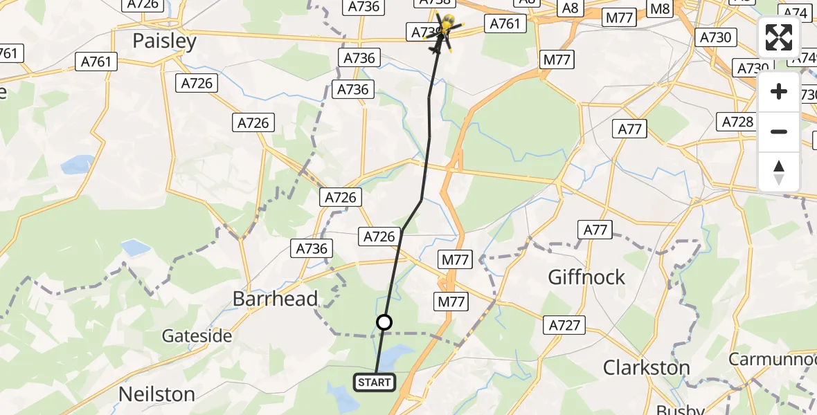 Flight path map showing Police Helicopter route from Barrhead to Glasgow