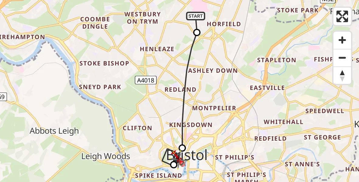 Flight path map showing Air Ambulance Helicopter route from Southmead Hospital to Bristol