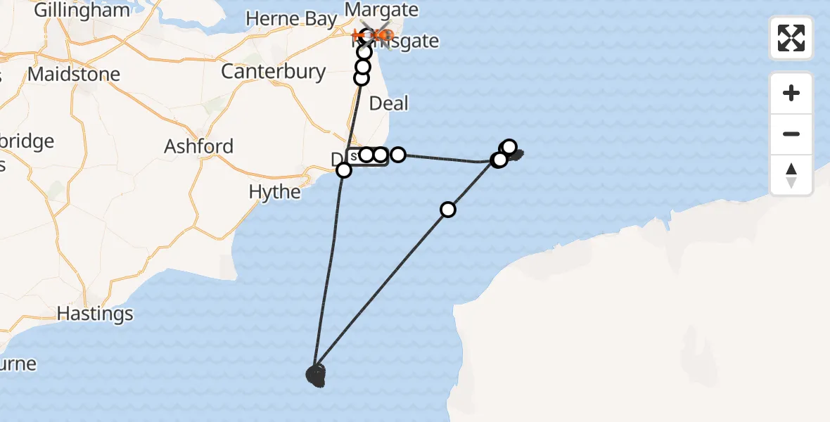 Flight path map showing Coastguard Helicopter route from Langdon Battery Heliport to Manston Airport