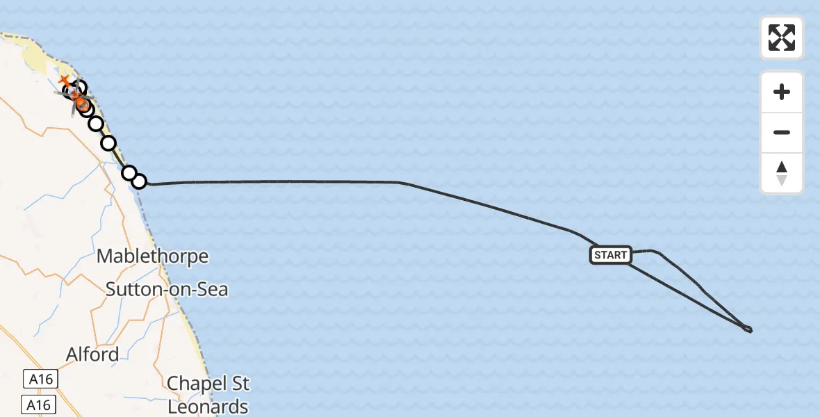 Flight path map showing Coastguard Helicopter route from North Sea to East Lindsey