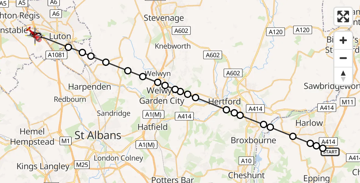 Flight path map showing Air Ambulance Helicopter route from North Weald Bassett to Chaul End