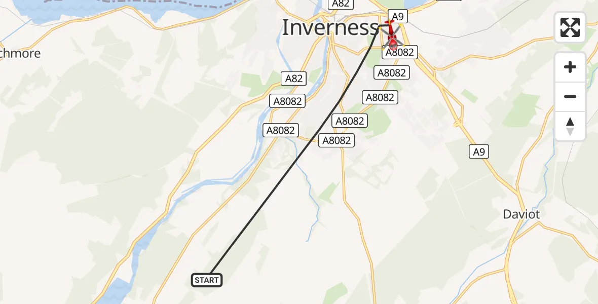 Flight path map showing Air Ambulance Helicopter route from Inverness to Inverness