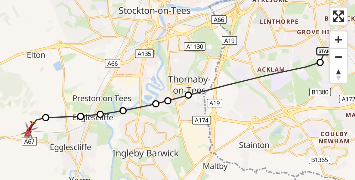 Flight path map showing Air Ambulance Helicopter route from James Cook University Hospital to Egglescliffe