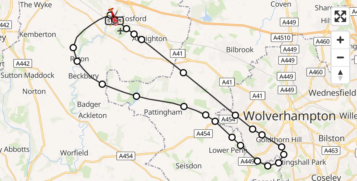 Flight path map showing Air Ambulance Helicopter route from RAF Cosford to Cosford