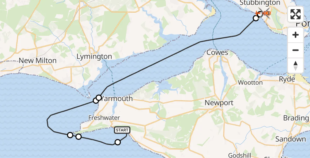 Flight path map showing Coastguard Helicopter route from Freshwater Bay to Solent Airport