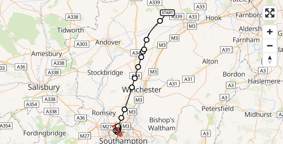 Flight path map showing Air Ambulance Helicopter route from Hannington to University Hospital Southampton