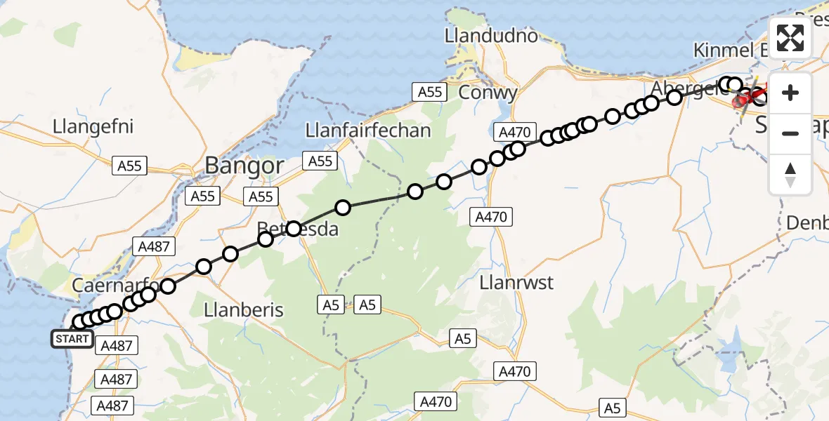 Flight path map showing Air Ambulance Helicopter route from Caernarfon Airport to Rhyl