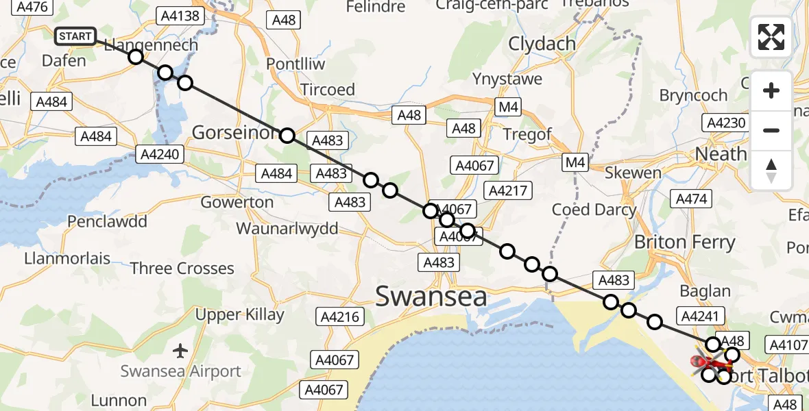 Flight path map showing Air Ambulance Helicopter route from Dafen to Sandfields East