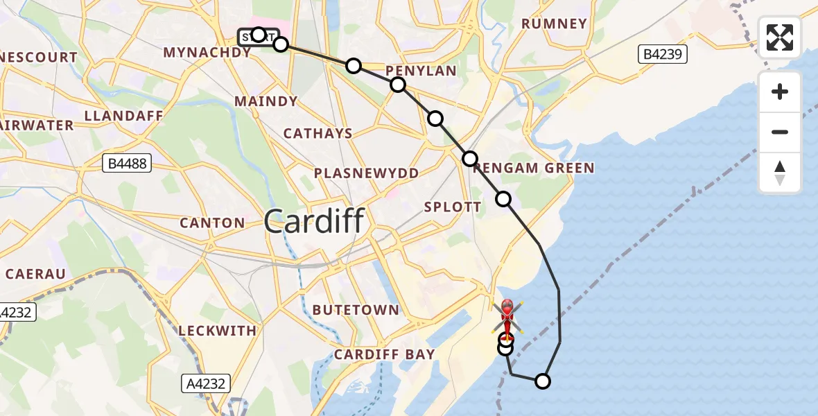 Flight path map showing Air Ambulance Helicopter route from Birchgrove to Cardiff Heliport