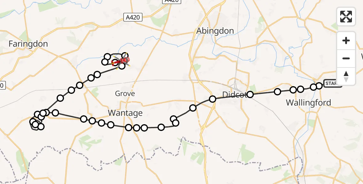 Flight path map showing Air Ambulance Helicopter route from RAF Benson to West Hanney