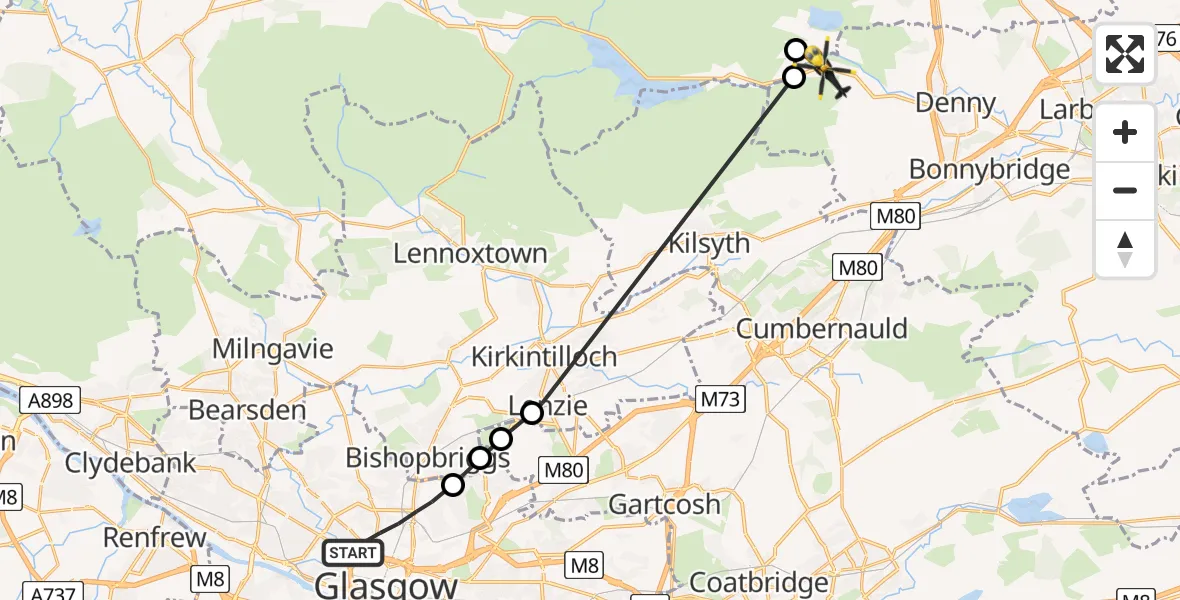 Flight path map showing Police Helicopter route from Glasgow to Fankerton