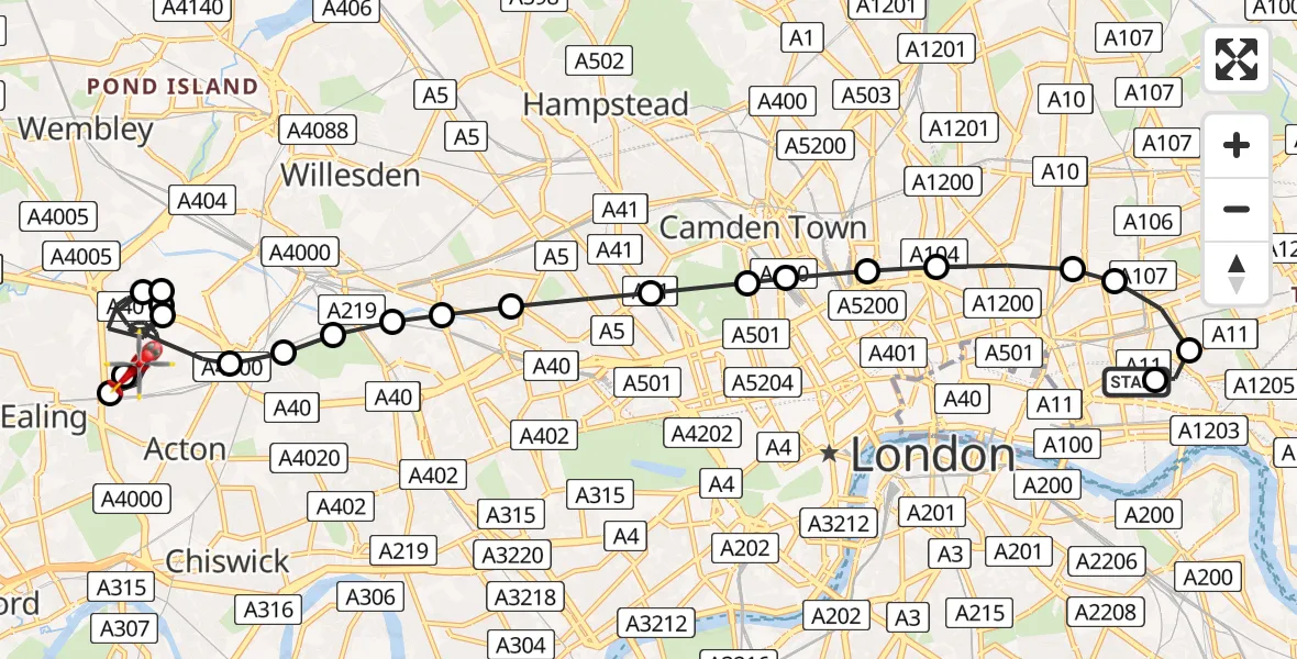 Flight path map showing Air Ambulance Helicopter route from Royal London Hospital to Park Royal