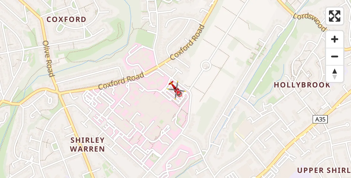 Flight path map showing Air Ambulance Helicopter route from University Hospital Southampton to University Hospital Southampton