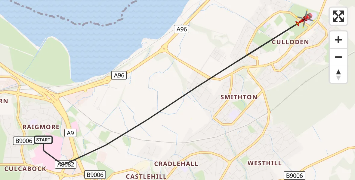 Flight path map showing Air Ambulance Helicopter route from Inverness to Inverness