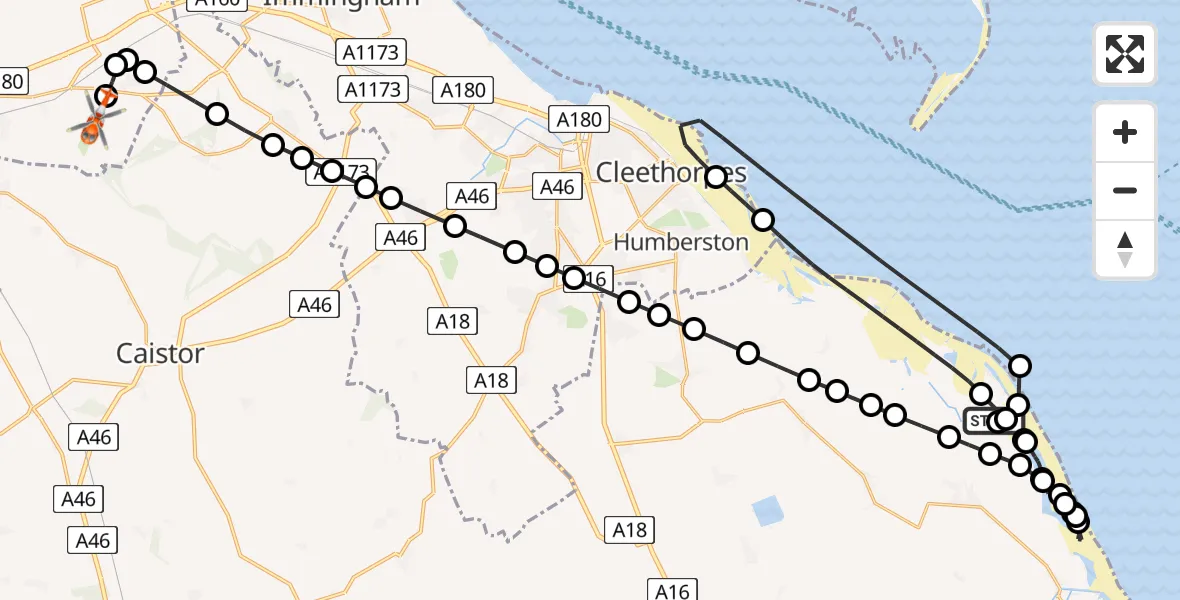 Flight path map showing Coastguard Helicopter route from North Somercotes to Humberside Airport