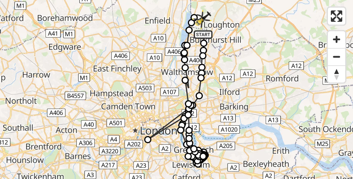 Flight path map showing Police Helicopter route from Chingford to Metropolitan Police Air Support Unit Lippitts Hill