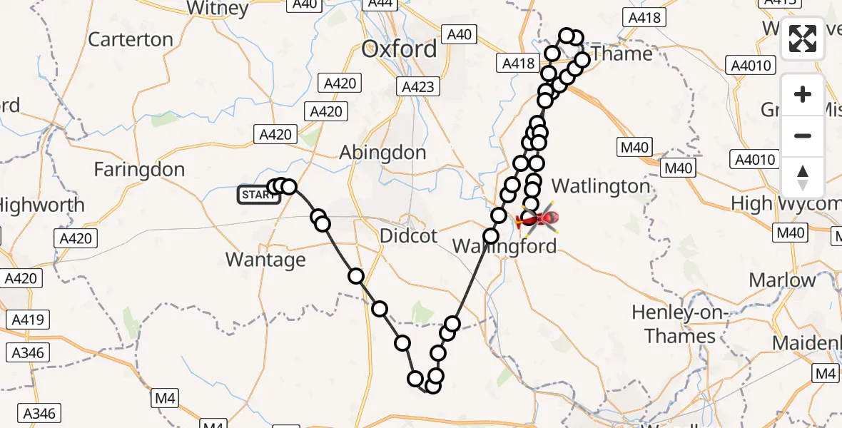 Flight path map showing Air Ambulance Helicopter route from West Hanney to RAF Benson