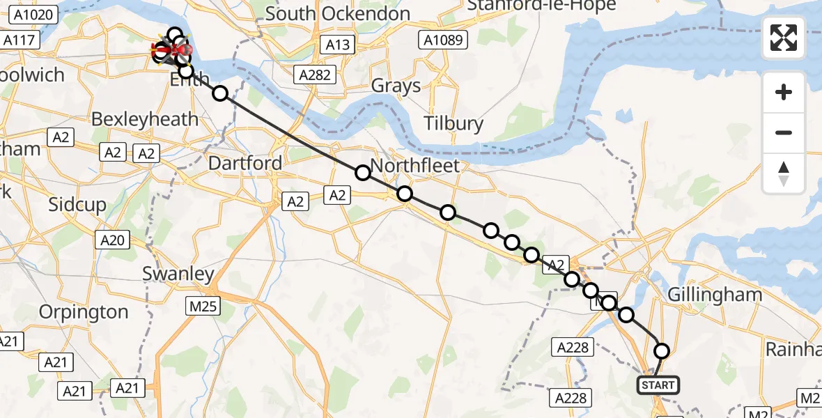 Flight path map showing Air Ambulance Helicopter route from Rochester Airport to Lower Belvedere