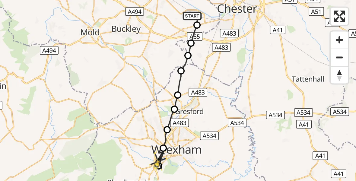 Flight path map showing Police Helicopter route from Hawarden Airport to Rhostyllen