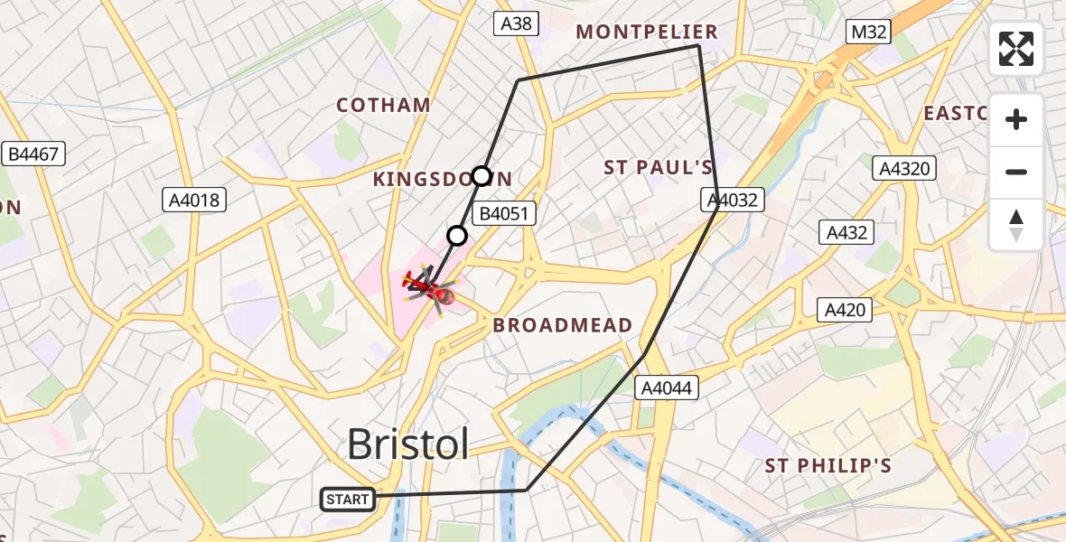 Flight path map showing Air Ambulance Helicopter route from Bristol to Bristol Royal Infirmary