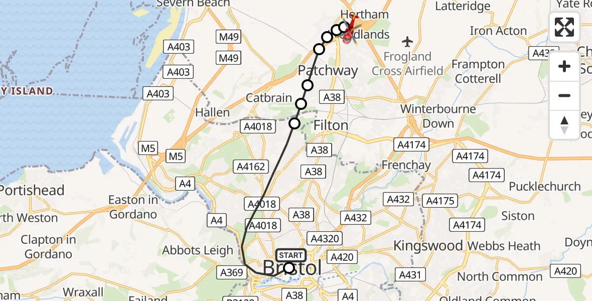 Flight path map showing Air Ambulance Helicopter route from Bristol Royal Infirmary to Almondsbury Helicopter Base