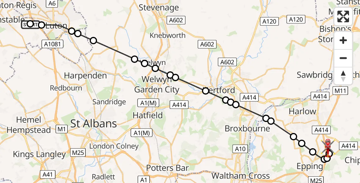 Flight path map showing Air Ambulance Helicopter route from Luton to North Weald Airfield