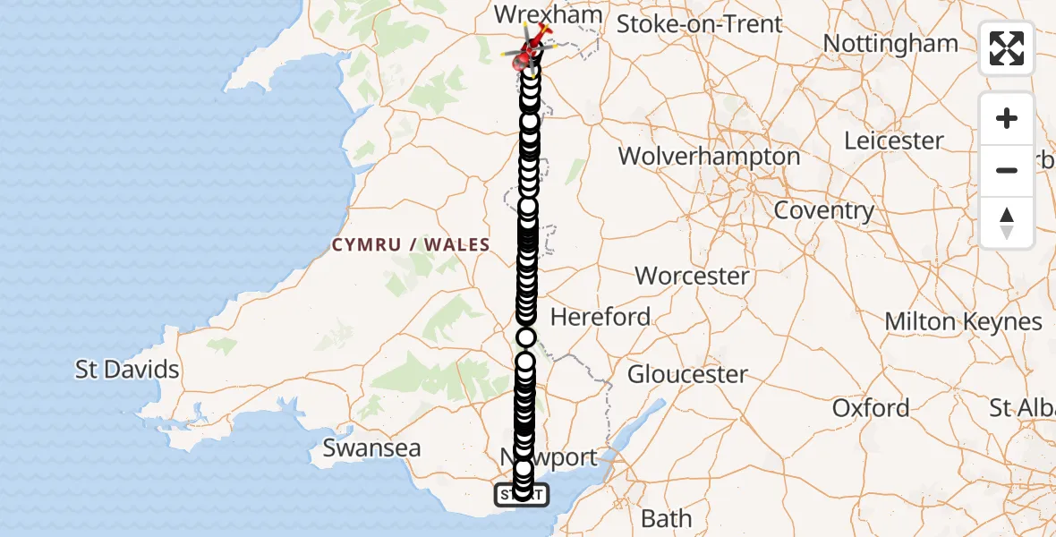 Flight path map showing Air Ambulance Helicopter route from Cardiff Heliport to Chirk