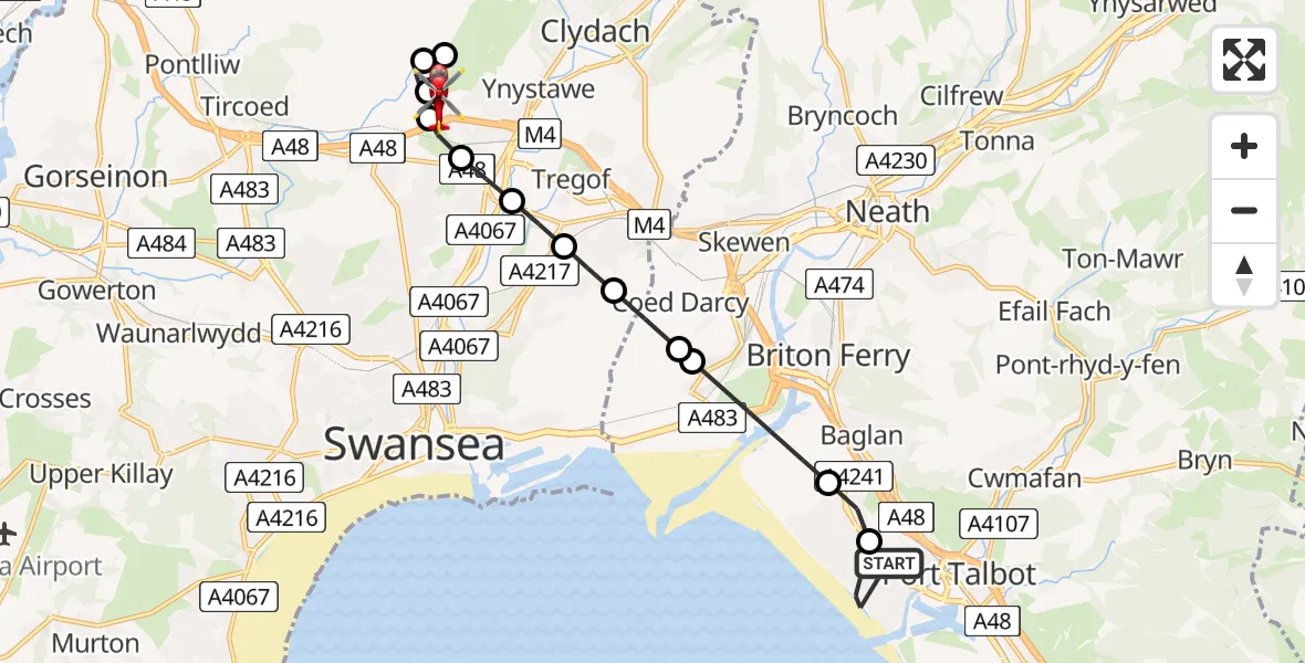 Flight path map showing Air Ambulance Helicopter route from Sandfields East to Morriston Hospital Helipad