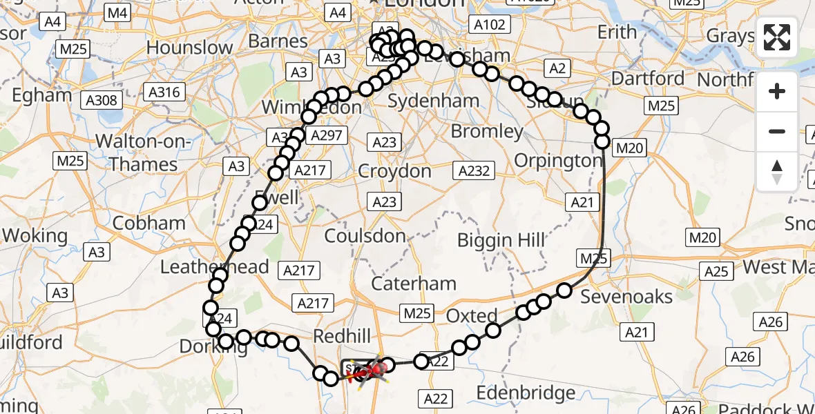 Flight path map showing Air Ambulance Helicopter route from Redhill Aerodrome to Tandridge