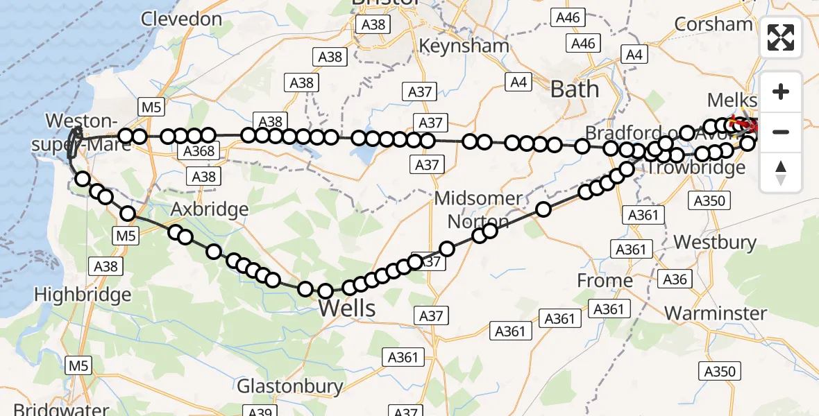 Flight path map showing Air Ambulance Helicopter route from Wiltshire Air Ambulance to Melksham