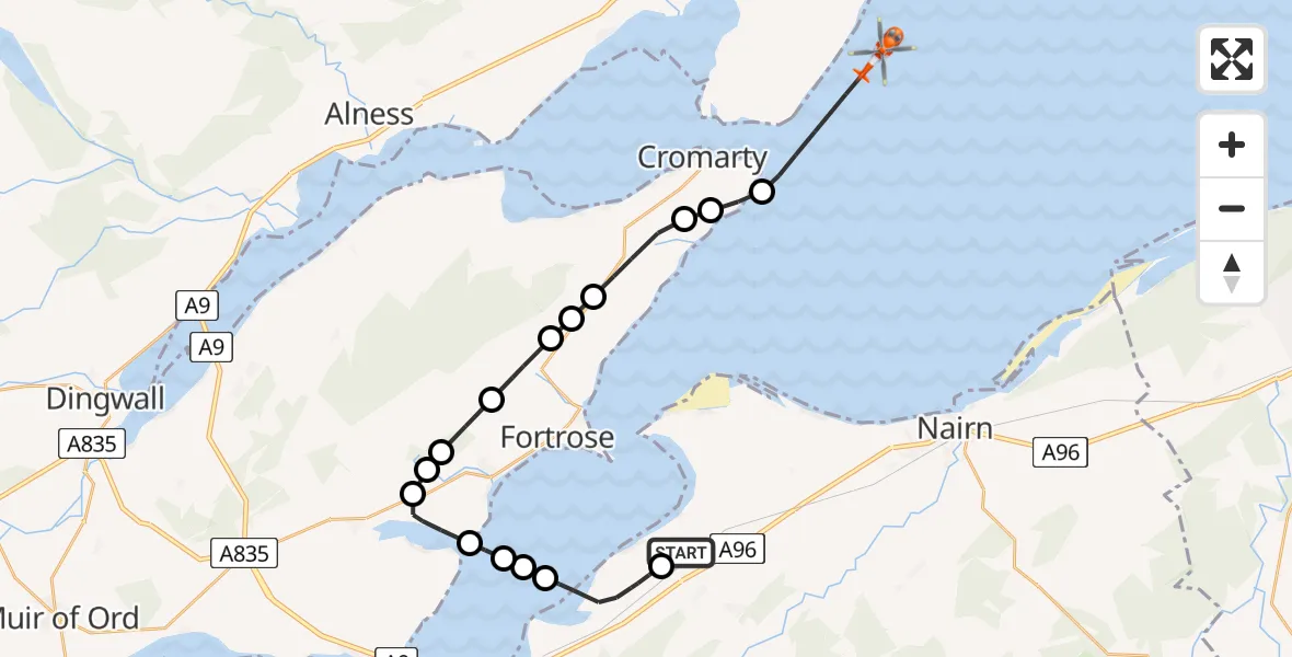 Flight path map showing Coastguard Helicopter route from Inverness Airport to North Sea