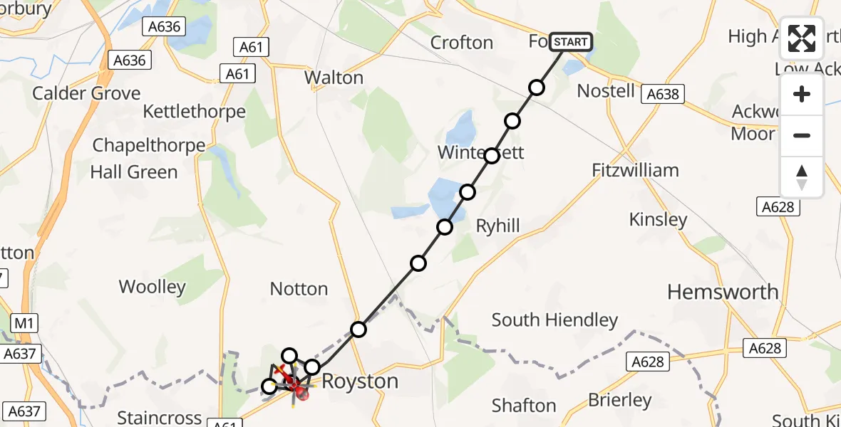 Flight path map showing Air Ambulance Helicopter route from YAA Nostell Helicopter Port to Royston