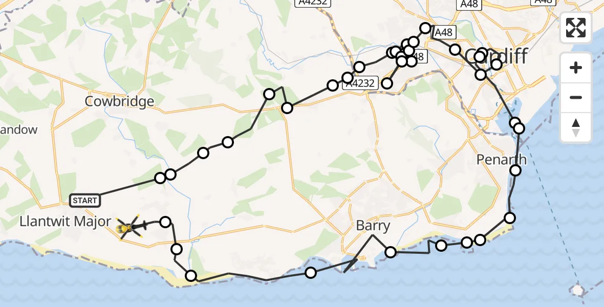 Flight path map showing Police Helicopter route from Llanmaes to MOD St Athan