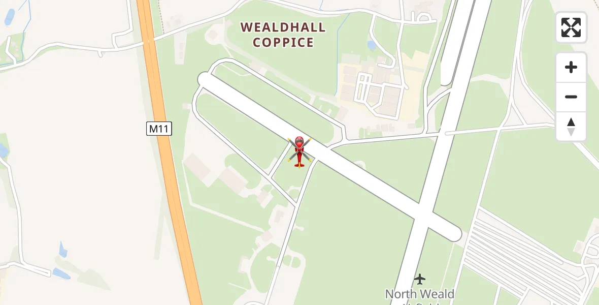 Flight path map showing Air Ambulance Helicopter route from North Weald Airfield to North Weald Airfield