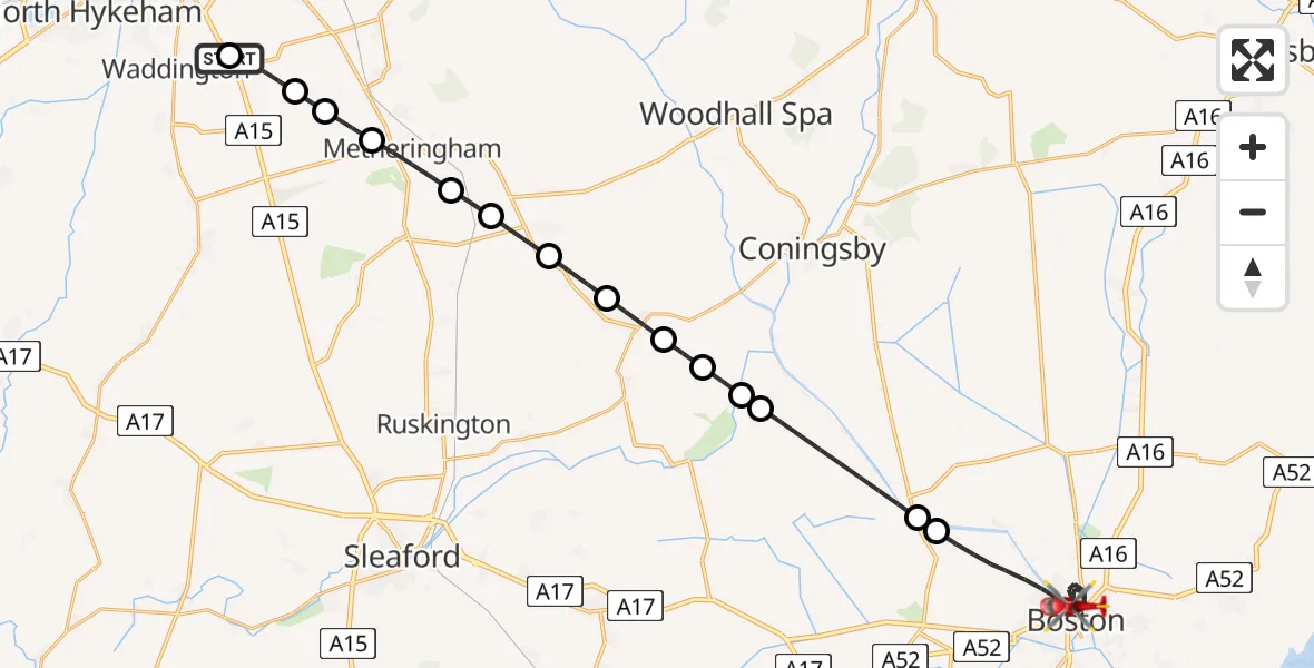 Flight path map showing Air Ambulance Helicopter route from RAF Waddington to Boston
