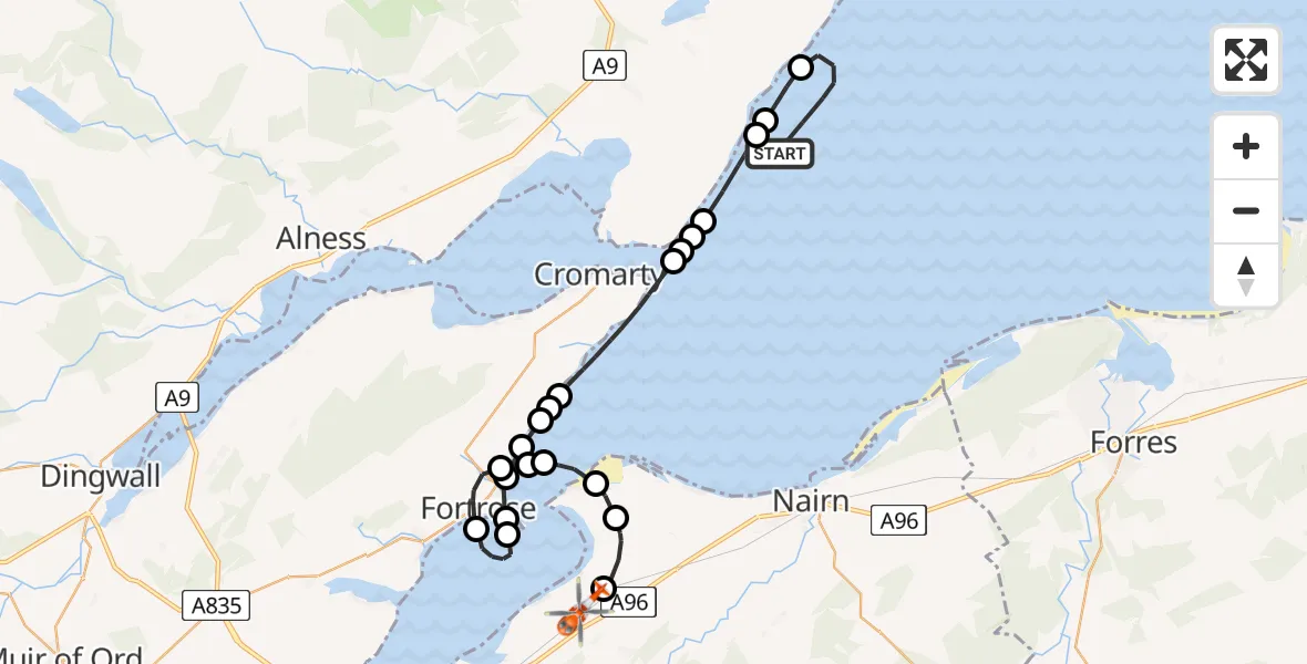 Flight path map showing Coastguard Helicopter route from North Sea to Inverness Airport