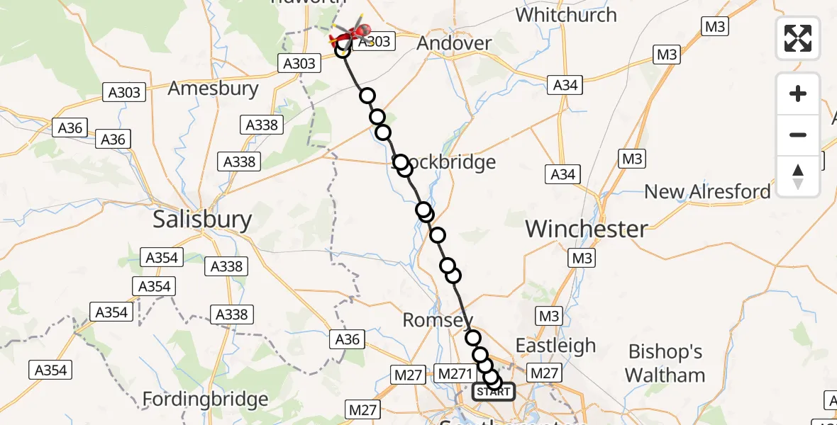 Flight path map showing Air Ambulance Helicopter route from University Hospital Southampton to Kimpton