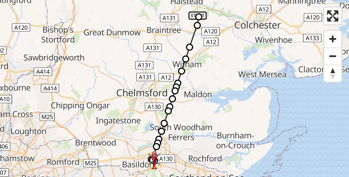 Flight path map showing Air Ambulance Helicopter route from Earls Colne Airfield to Basildon